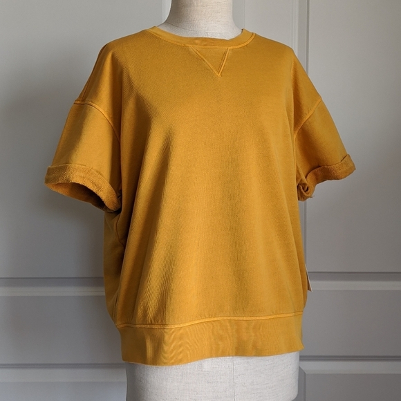 Frame Sweatshirt Short Sleeve Roll Cuffs Crew Pullover Faded Marigold L NWT - Picture 1 of 14
